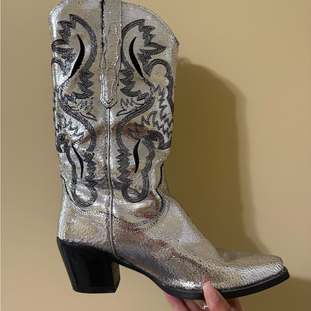 Jeffrey Campbell Silver Heeled Boots with Black Cuban Heel